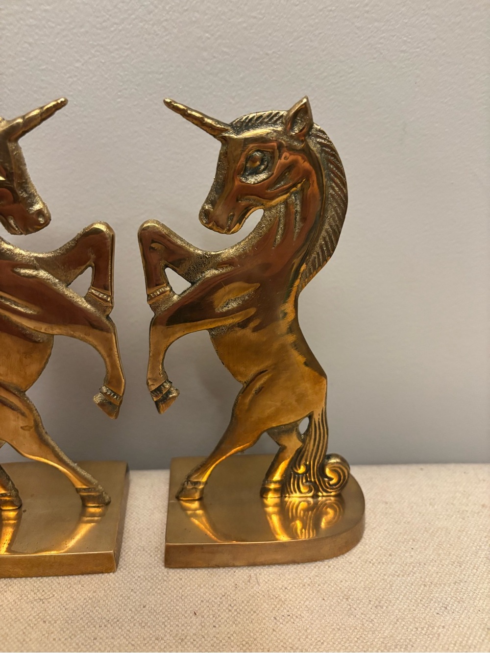 Vintage Solid Brass Rearing Unicorn Bookends Mid Century Hollywood Regency Set - Picture 3 of 16